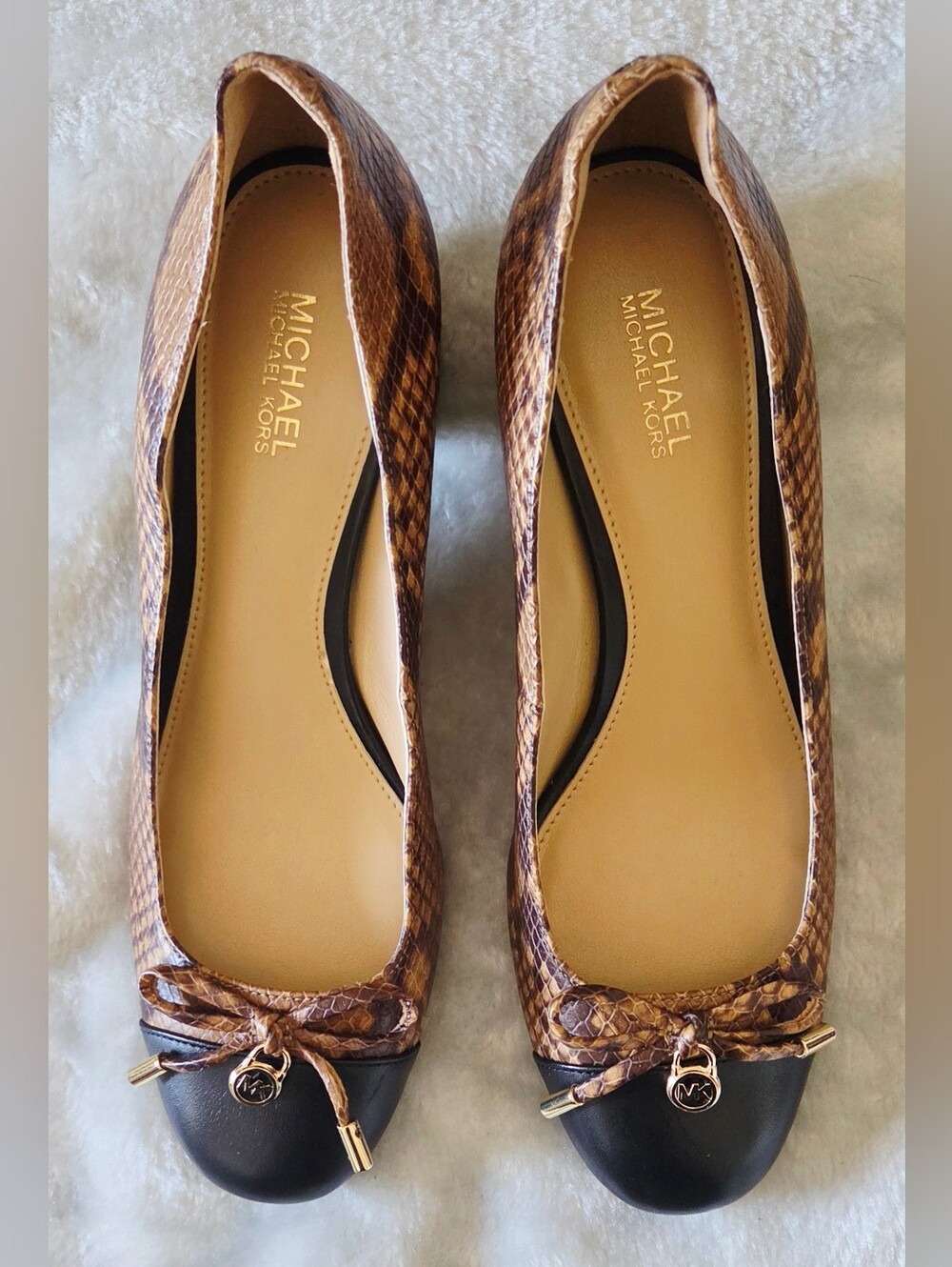 Michael Kors Brown Snake-Print Heels with Black Cap Toe